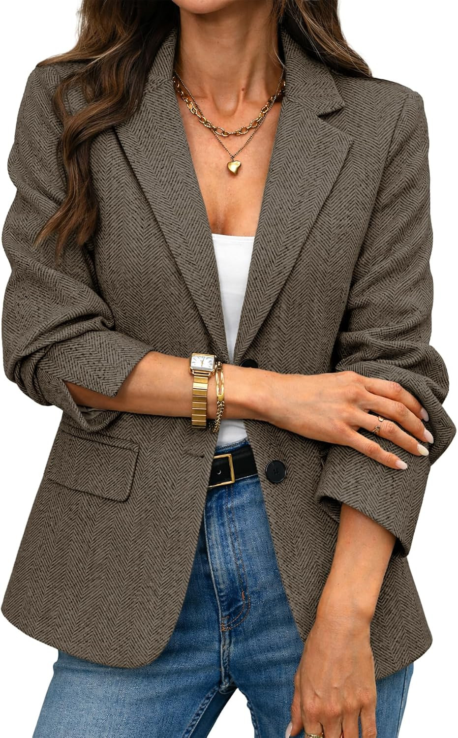 ELLEVEN Women's Herringbone Tweed Blazer – Slim Fit Business Casual Jacket | Amazon (US)