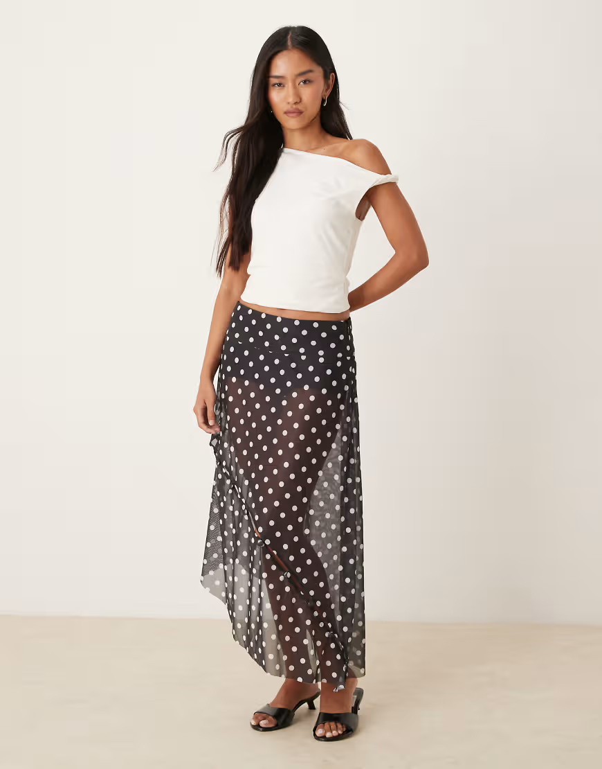 House of Sunny polka dot mesh button detail midi skirt in black | ASOS (Global)