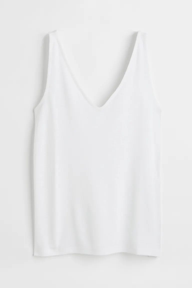 Tank top in soft jersey made from a viscose and linen blend. V-neck front and back and a straight... | H&M (US)