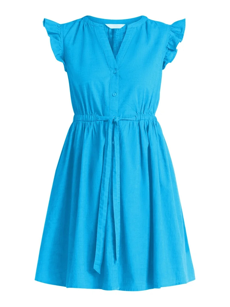 Time and Tru Women's and Women's Plus Button Front Cotton Mini Dress with Flutter Sleeves, Sizes ... | Walmart (US)