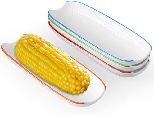 Cinf Colorful Side Ceramic Corn Cob Holders 8.8" Corn Dishes Set of 4, White Dishes Non-slip Bott... | Amazon (US)