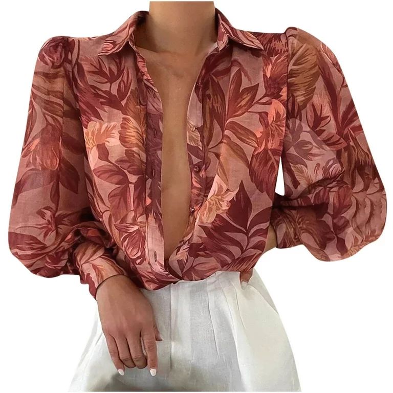 Women's Button Down Shirts Vintage Floral Blouse Puff Long Sleeve Collared T Shirts Casual Work T... | Walmart (US)