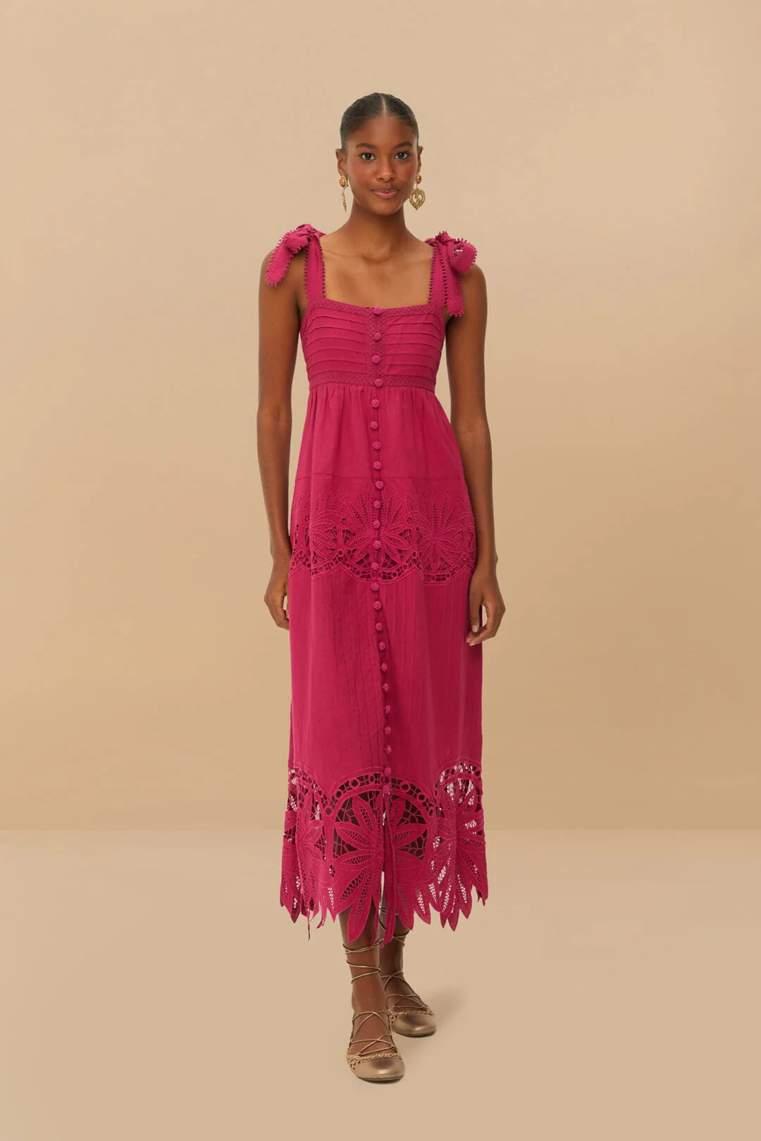 Pink Daisy Embroidered Sleeveless Midi Dress | FarmRio (US)