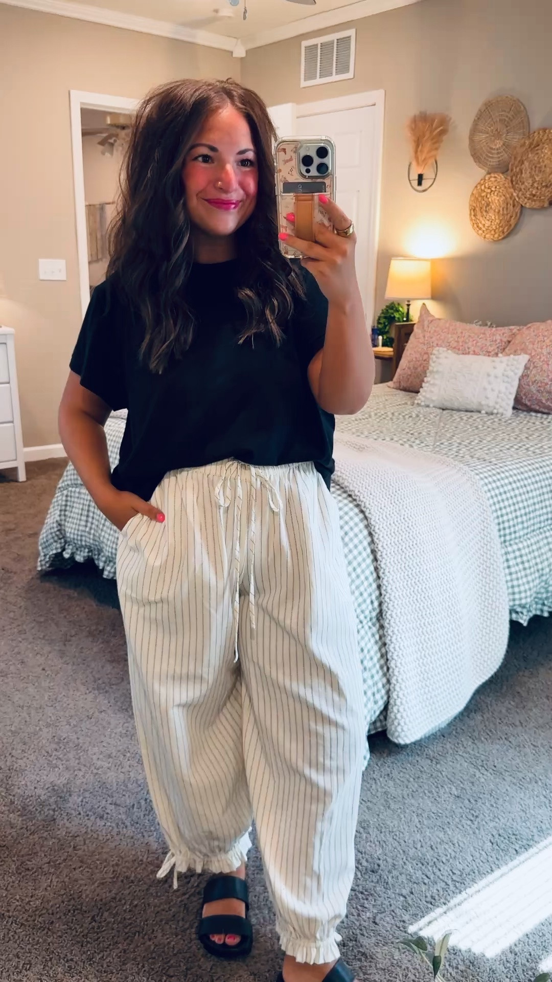 🤍 These cream and black striped pants from Target are such a fun classroom staple! They're comfortable, flattering, and easy to pair with a simple tee, tank, or sweater for an effortless school-day look. 🍎✨

sandals: sold out, but linking similar options below!
pants: fit oversized // wearing a large
tee: fits true to size // wearing a large 

 #LTKootd #LTKMidsize #LTKWorkwear