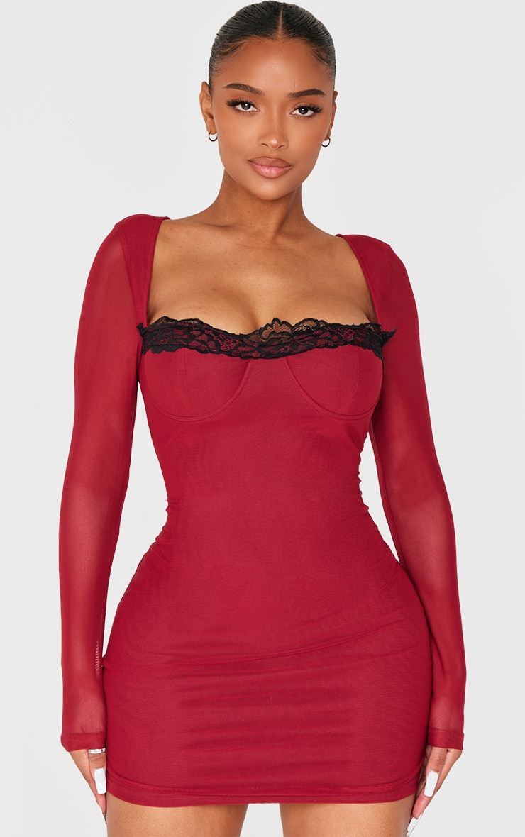 Shape Burgundy Mesh Underwired Lace Trim Long Sleeve Mini Dress | PrettyLittleThing US