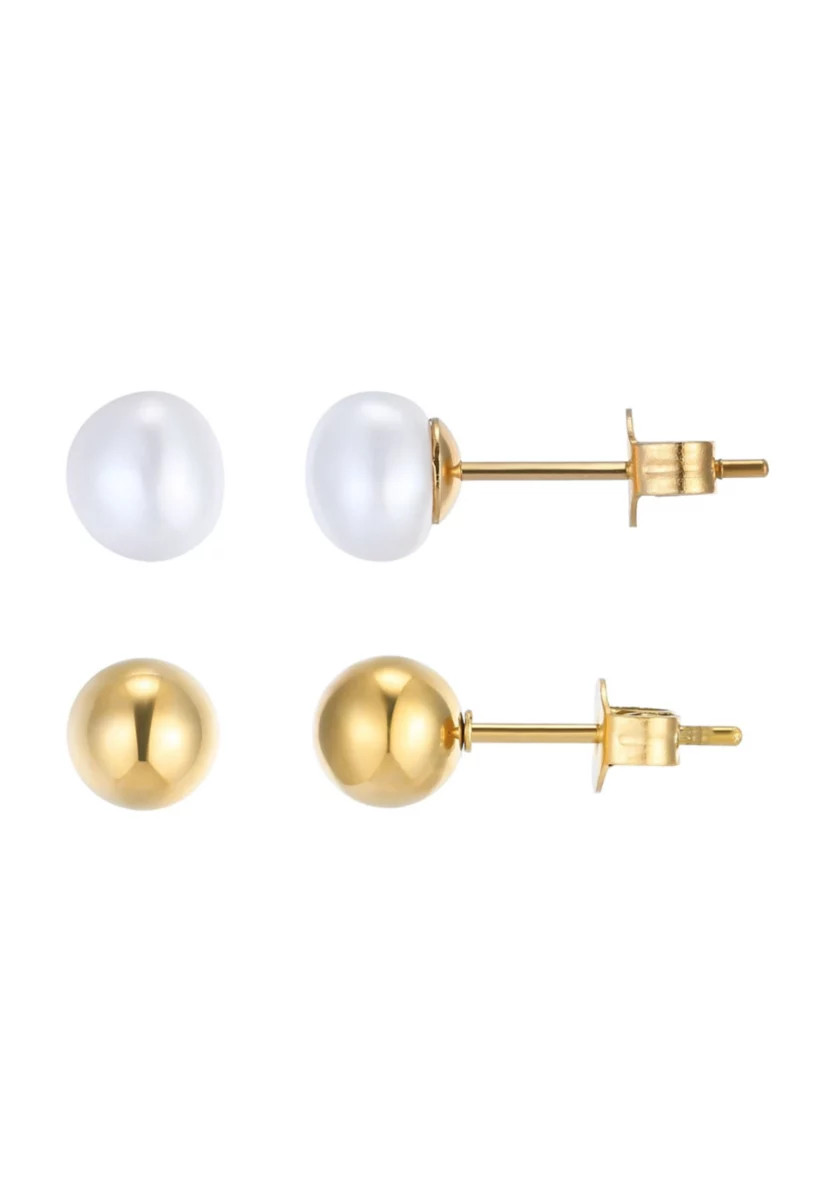 5mm Freshwater Pearl and 18K Gold Ball Stud Earring Set | Belk