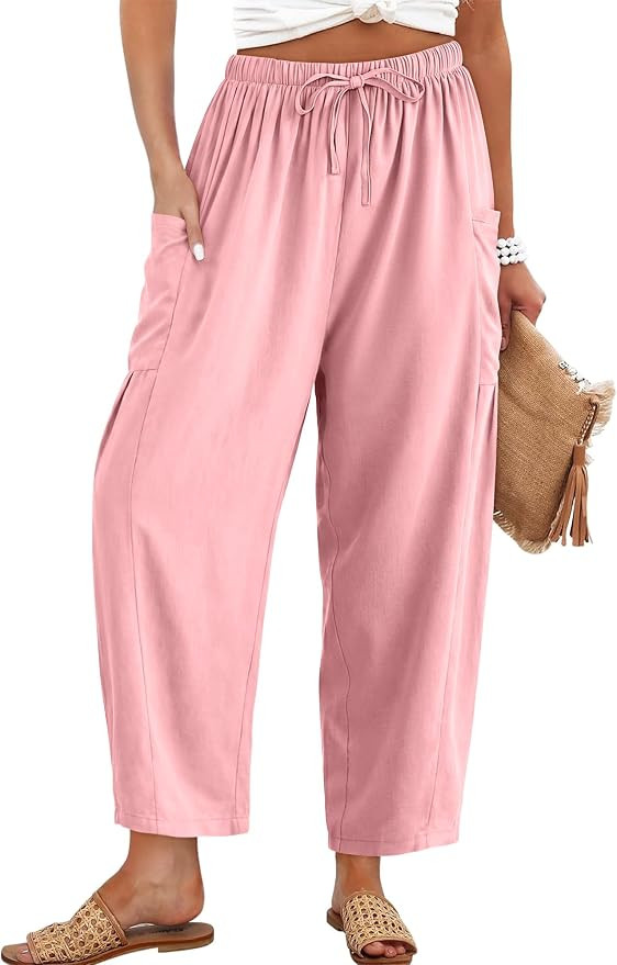 Angerella Womens Cotton Linen Pants Casual Loose Flowy Wide Leg Palazzo Harem Pants Drawstring El... | Amazon (US)
