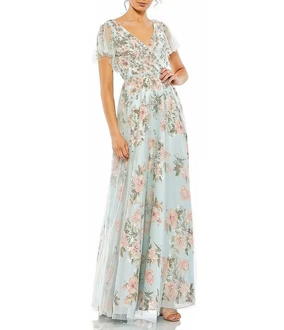 Floral Surplice V-Neck Short Flutter Sleeve A-Line Gown | Dillard's