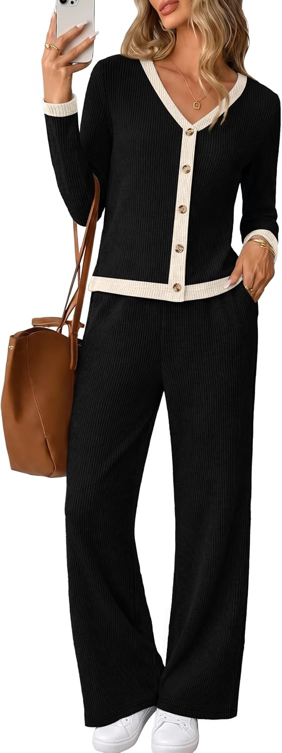 WIHOLL Women's 2 Piece Outfits Button-front Loungewear Sets Casual Fall | Amazon (US)