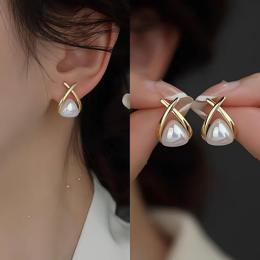 Fanmusic gold earrings for women -Stylish Gold-Plated Pearl Earrings,Hypoallergenic Women's Stud ... | Amazon (US)