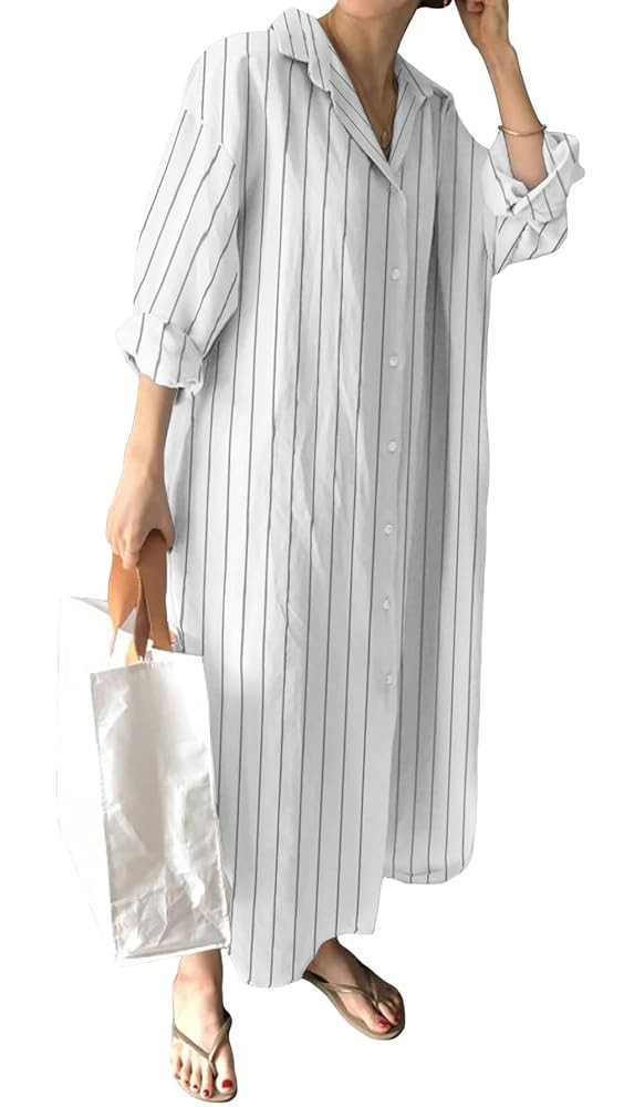 GGUHHU Womens Chic Button Down Rolled-Up Sleeve Long Cotton Blouse Maxi Dress | Amazon (US)