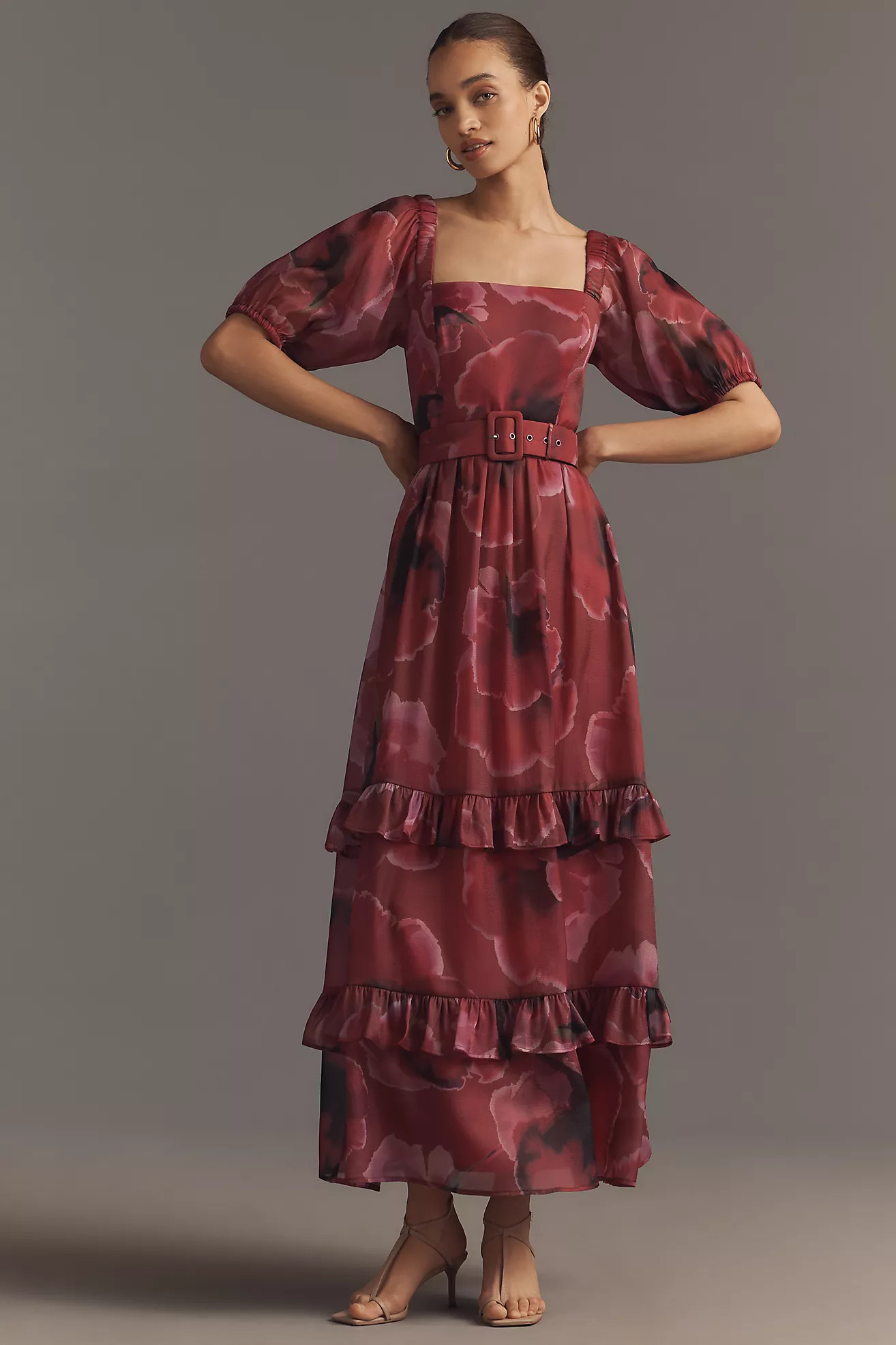 Hutch Puff-Sleeve Square-Neck Belted Tiered Ruffled Maxi Dress | Anthropologie (US)