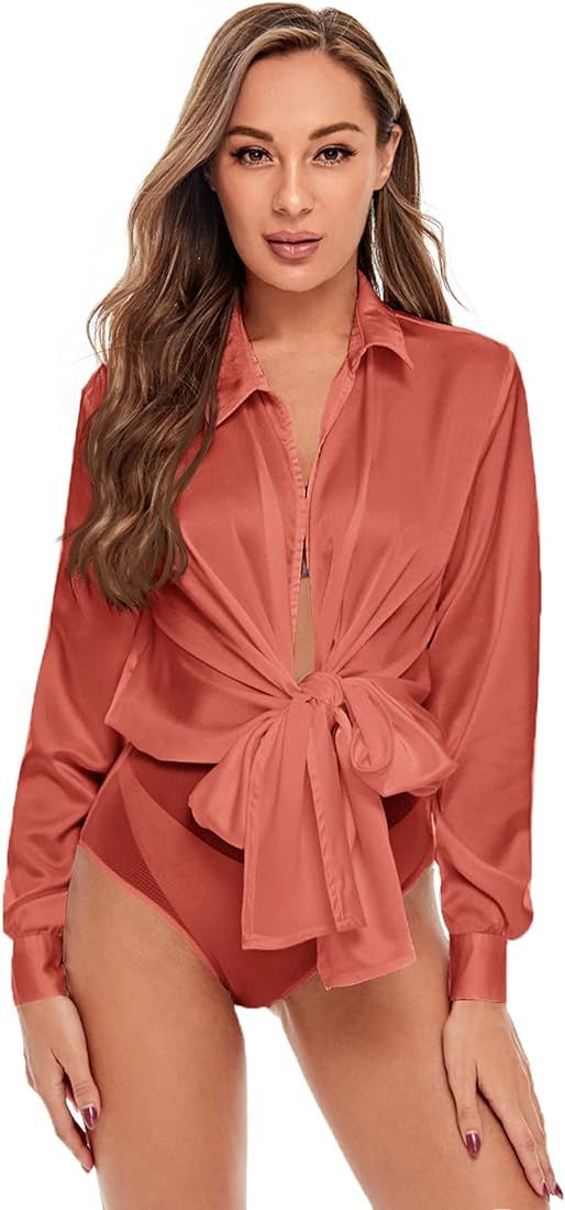 SheIn Women's Bow Tie Satin Bodysuit Plunging Neck Sexy Long Sleeve Blouse Top | Amazon (US)