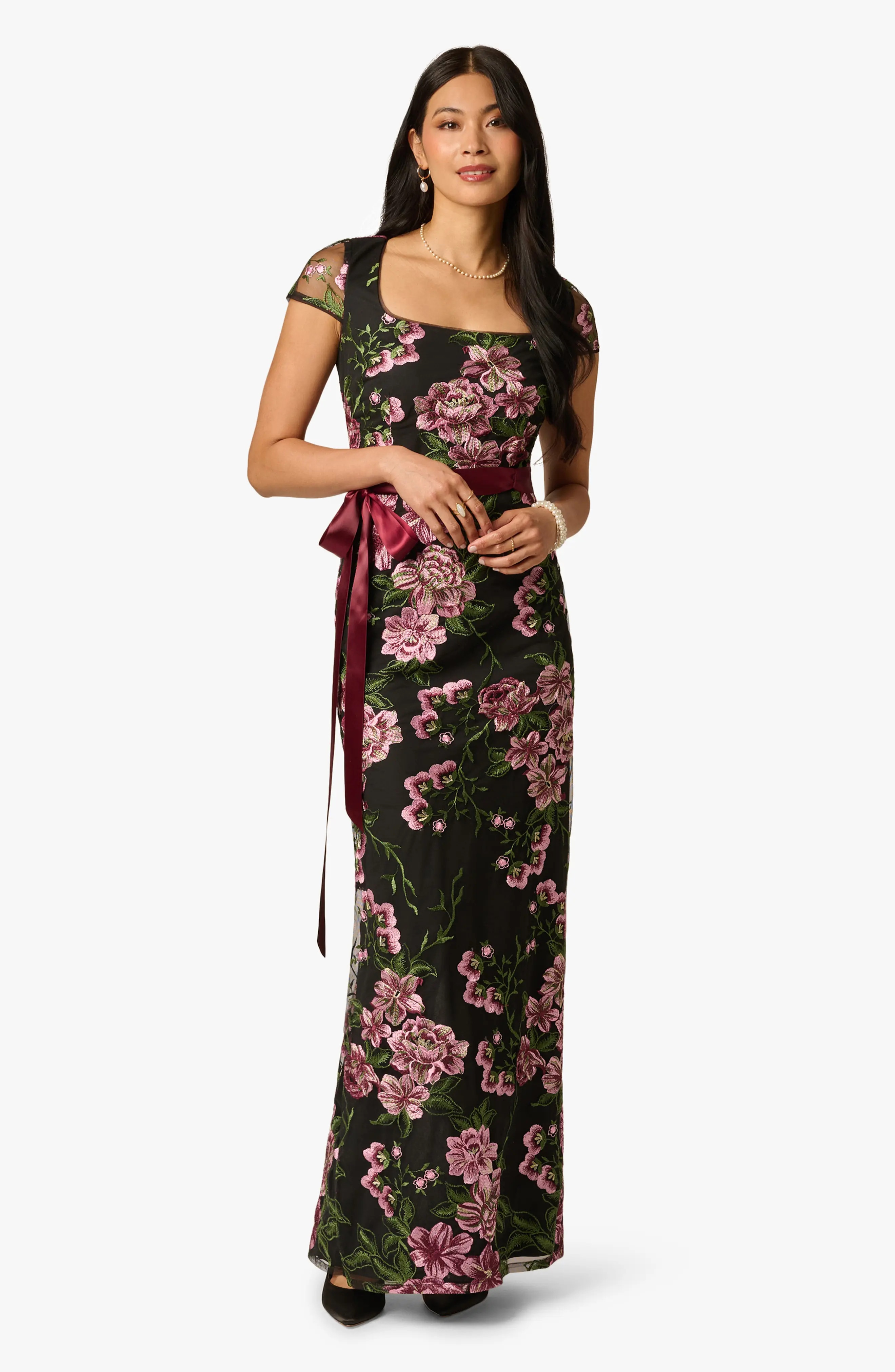 Adrianna Papell Embroidered Floral Column Gown with Ribbon Tie Belt in Black Multi at Nordstrom, Size 8 | Nordstrom