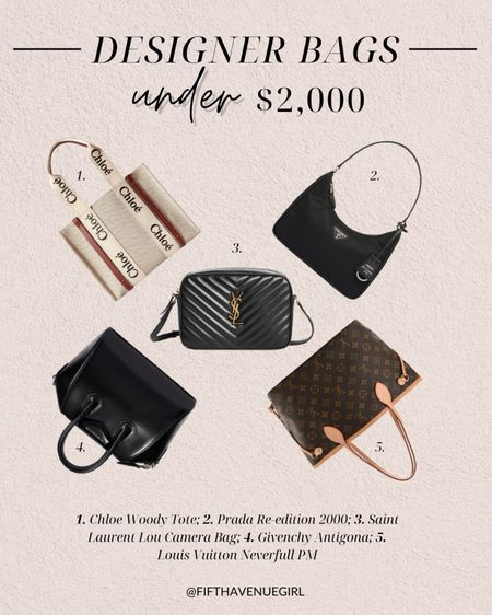 Designer bags under $2,000 👜 1. Chloe Woody Tote 2. Prada Re-Edition 2000 Shoulder Bag 3. Saint Laurent Lou Camera Bag 4. Givenchy Mini Antigona 5. Louis Vuitton Neverfull PM Tote

#LTKeurope #LTKitbag #LTKstyletip