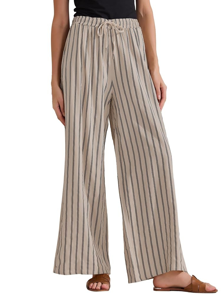Allegra K Women's Casual Drawstring Stripe Pants Wide Leg High Waist Cotton Loose Pants | Amazon (US)