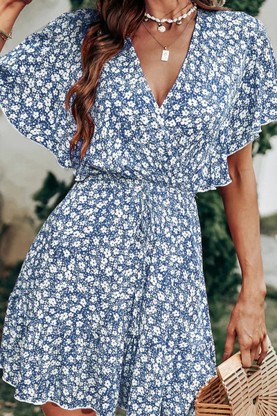 Luciana Ditsy Floral Surplice Flared Sleeve Mini Dress | Cupshe US