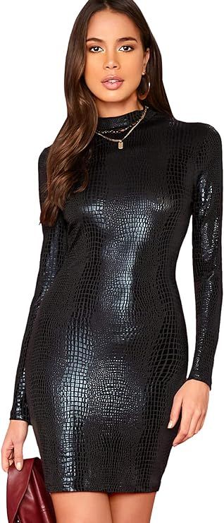 Romwe Women's Elegant Crocodile Print Mock Neck Slim Fit Party Bodycon Mini Dress | Amazon (US)