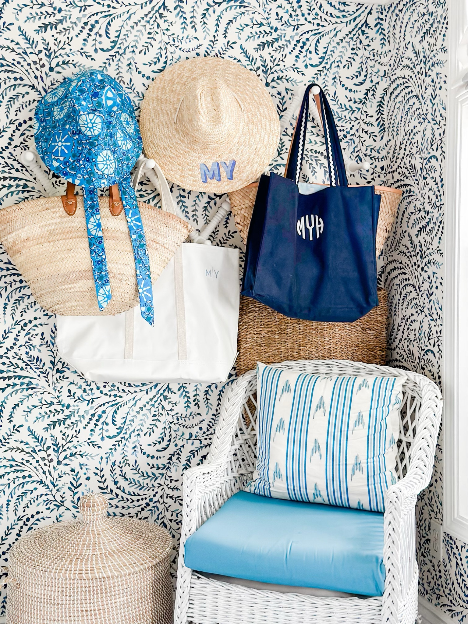 Weezie, mark and Graham, serena and lily, Target, Schumacher, blue and white, summer, Ballard designs, hat rack, entryway, entry hat storage, beach bag, coastal home decor, blue and white home, hat, beach hat, straw tote, waterproof tote, laundry room, laundry basket, wallpaper, blue wallpaper 