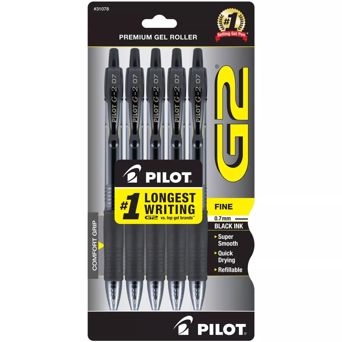 Pilot 5ct G2 Gel Pens Fine Point 0.7mm Black Ink: Retractable, Rubber Grip, Stationery & Office S... | Target