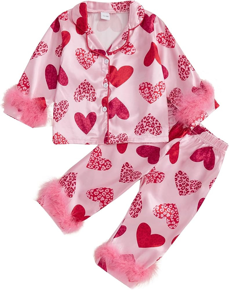 Qiylii 2-Piece Baby Girl Satin Pajamas Feather Trim Button-Up Pajamas Sleeper Silk Shirt Pant Tod... | Amazon (US)