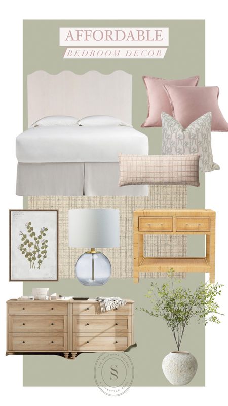 Affordable bedroom decor. This is giving studio McGee on a major budget! Designer look for less furniture and decor like these rattan nightstands, globe glass table lamp, pottery barn look-a-like dresser for under $400 😱 and these pillows are so high quality but extremely affordable. Everything is sourced from Amazon, except this gorgeous wavy headboard which is on sale right now! Over $100 off @kathykuohome 

#LTKStyleTip #LTKSaleAlert #LTKHome
