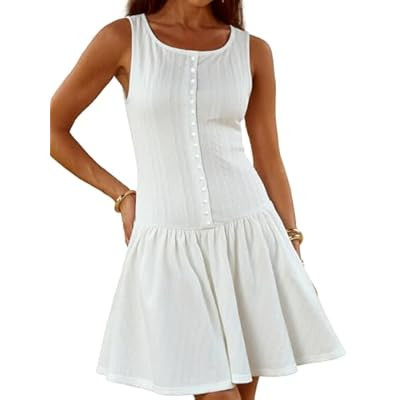 YUNDAI Women's Sleeveless Mini Dress: Fitted Faux-Button Waist Flared Skirt Casual Sum… | Amazon (US)