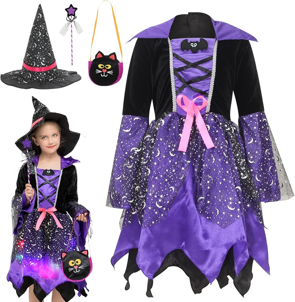 EOZY Girls Light Up Witch Costume Set Halloween Cosplay Party Dress Up with Hat, Magic Wand and T... | Amazon (US)