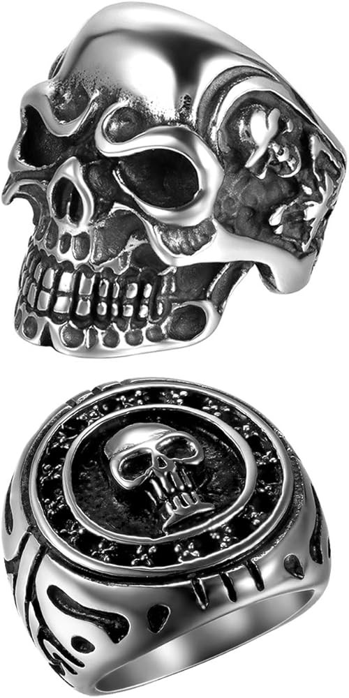 OIDEA 2Pcs Bikers Stainless Steel Gothic Skulls Ring,Black Silver, Size 8-15 | Amazon (US)