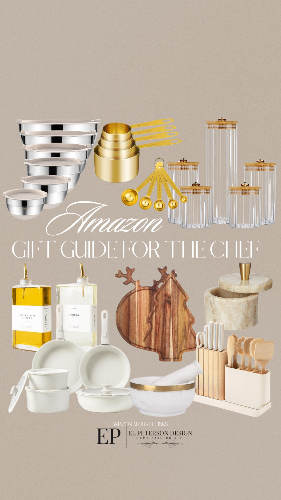 Amazon holiday gift guide for the chef
Mixing bowl
Measuring spoon
Canisters
Oil and vinegar dispenser
Pot and pan set
Cheese plate
Mortal and pistol
Marble salt pincher
14 piece kitchen prep 

#LTKGiftGuide