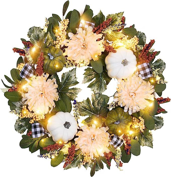 24" Fall Lighted Pumpkin Wreath,Vlorart Fall Harvest Wreaths for Front Door with White Green Pump... | Amazon (US)
