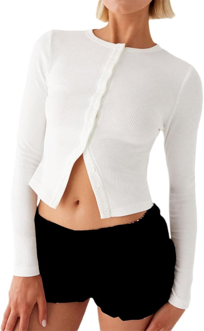 ICNGLKSND Women Long Sleeve Button Front Knit Crop Tops Front Split Crewneck Slim Fit Sexy Crop T... | Amazon (US)