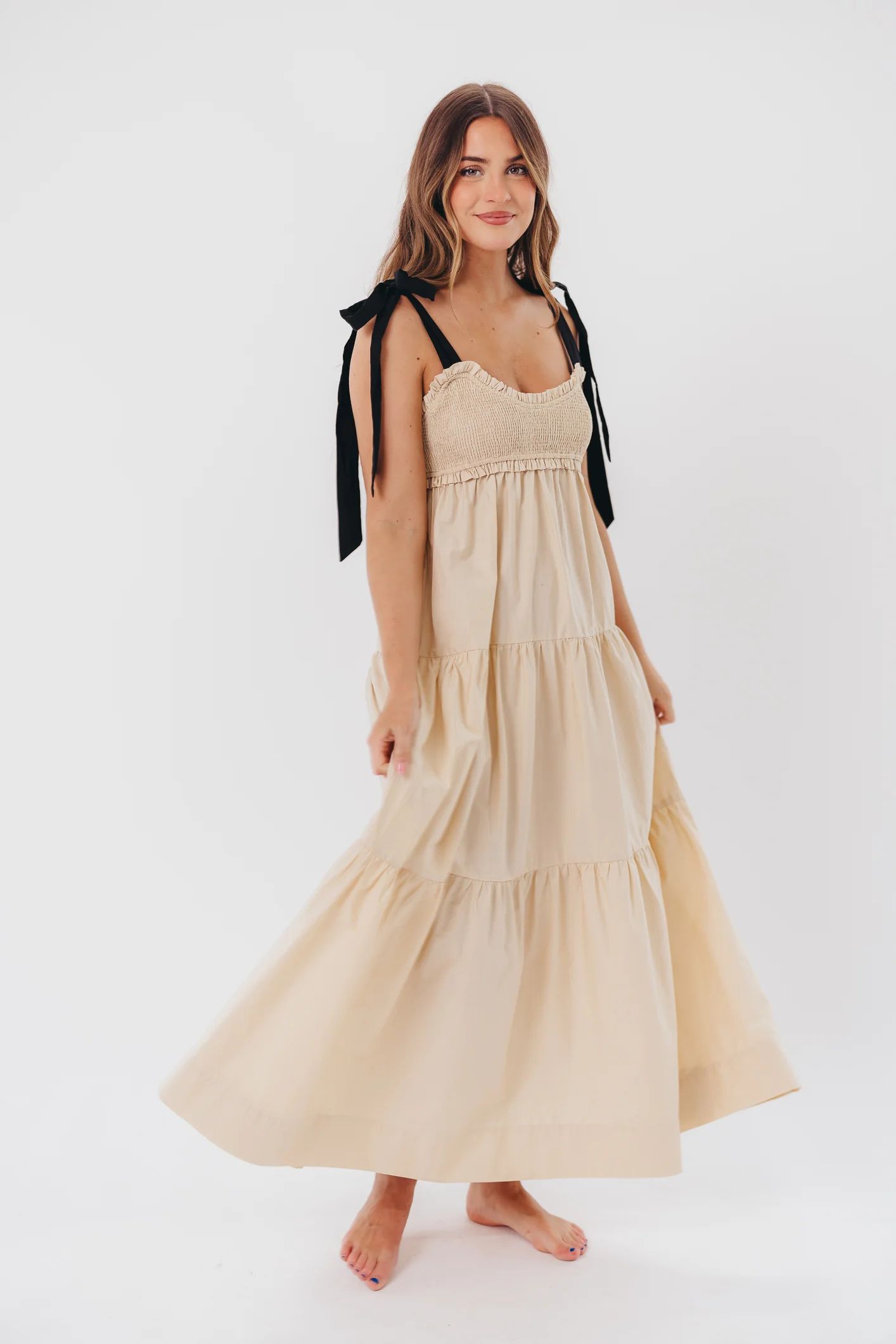 Amber Smocked Maxi Dress with Shoulder Tie in Taupe/Black | Worth Collective