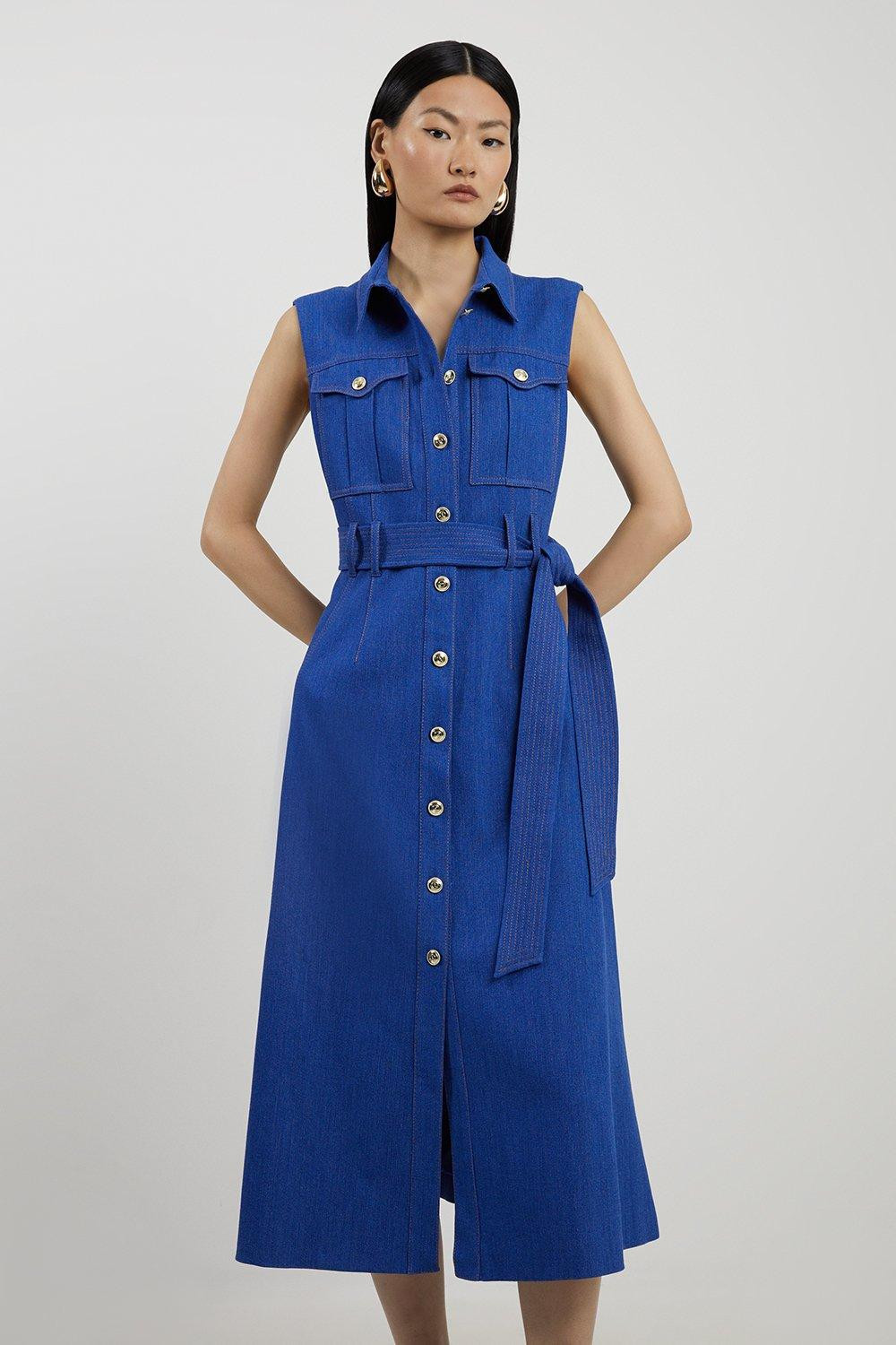 Tailored Denim Pocket Belted Full Skirt Midi Shirt Dress | Karen Millen UK + IE + DE + NL
