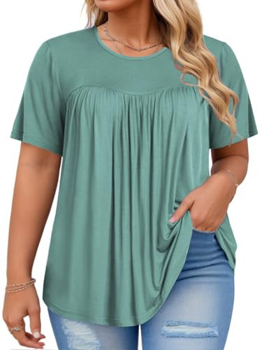 Womens Plus Size Summer Tops Dressy Loose Fit Short Sleeve 4X Flowy Pleated Cute Trendy Crewneck Blouses Pea Green | Amazon (US)