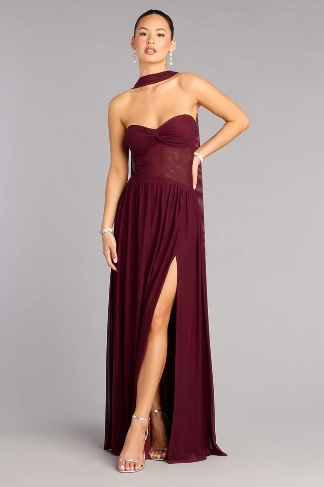 Rhea Mesh Strapless A-Line Dress With Scarf | Windsor Stores