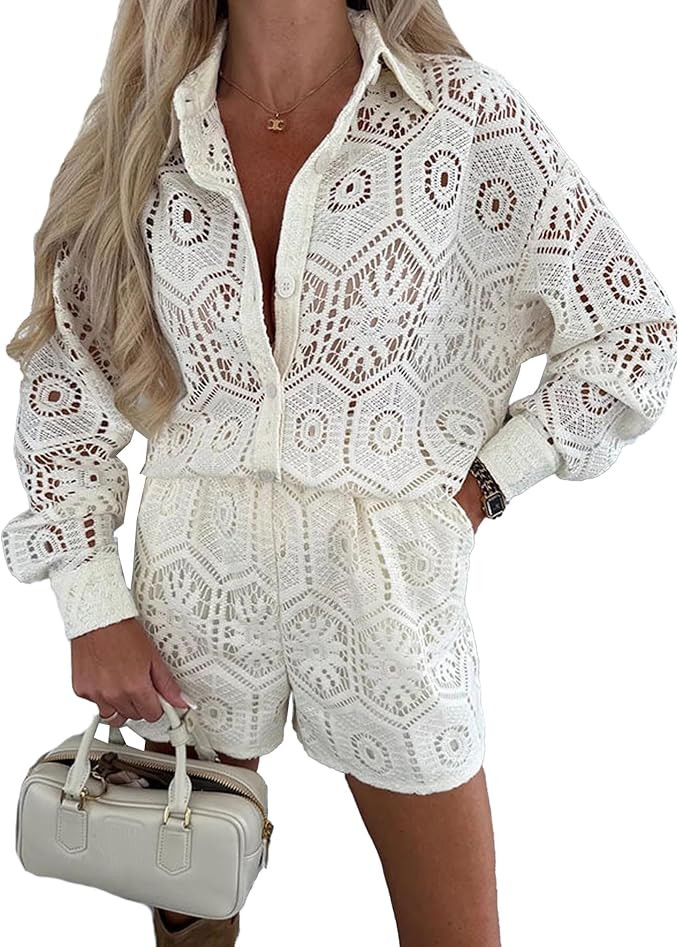 SOMTHRON Women's Crochet 2 Piece Outfits Lace Eyelet Button Down Shirt Top Wide Leg Shorts Tracks... | Amazon (US)