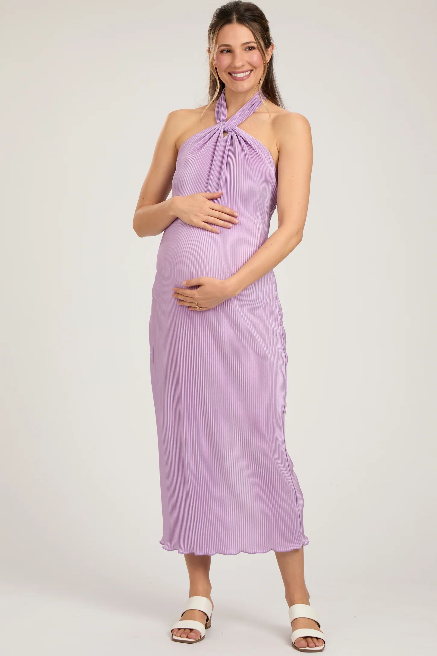 Lavender Knot Front Plisse Halter Maternity Midi Dress | PinkBlush Maternity