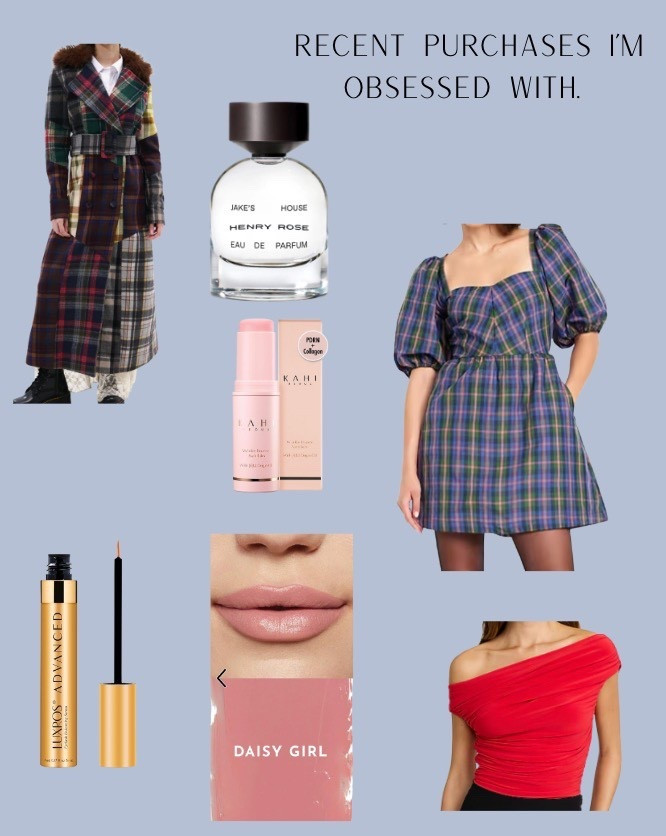 A few recent purchases that I am 100% obsessed with! 

I sized down in this Ralph Lauren inspired jacket and it’s a perfect fit! ( size chart suggested a large, but I went with my normal medium)

This clean lash serum has made a huge improvement in the length of my lashes over the course of the last month .

My friend Natalie wore this perfume and I could not stop smelling her! It’s so good. I had to buy it for myself! 

This hydration bomb stick is a necessity for this winter weather! 

My number one lipstick for the last two years. If you told me, I could only keep one shade it would be this one. It’s a perfect matte nude/pink.

This plaid dress is on sale for $20 and was a total showstopper. 

Purchased this red body suit after watching nobody wants this on Netflix. Love it! 