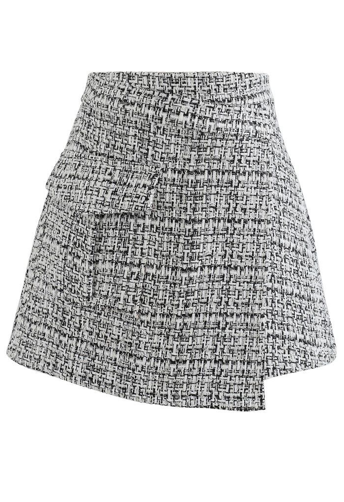 Tweed Asymmetric Mini Skirt in Black | Chicwish