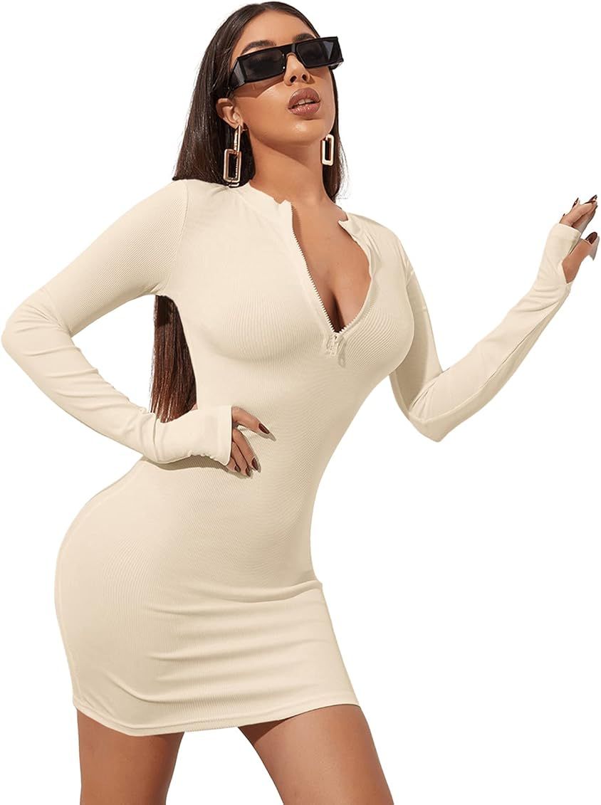 SheIn Women's Sexy Long Sleeve Bodycon Dress Zipper Outfits Fitness Mini Dresses | Amazon (US)