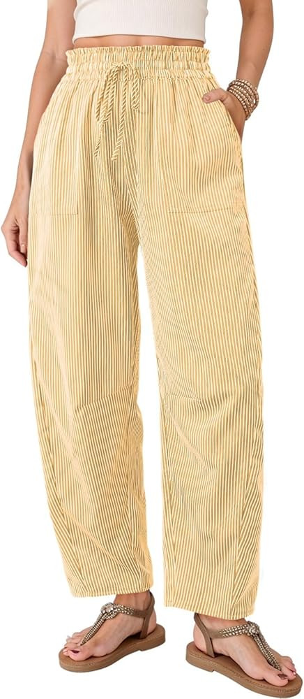 Dokotoo Women's Striped Barrel Casual Pants High Waisted 2026 Elastic Drawstring Trousers | Amazon (US)