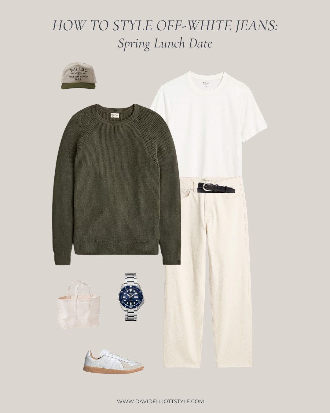 How to style off-white jeans for a spring lunch date with an olive green sweater! 

 #LTKSeasonal #LTKMens