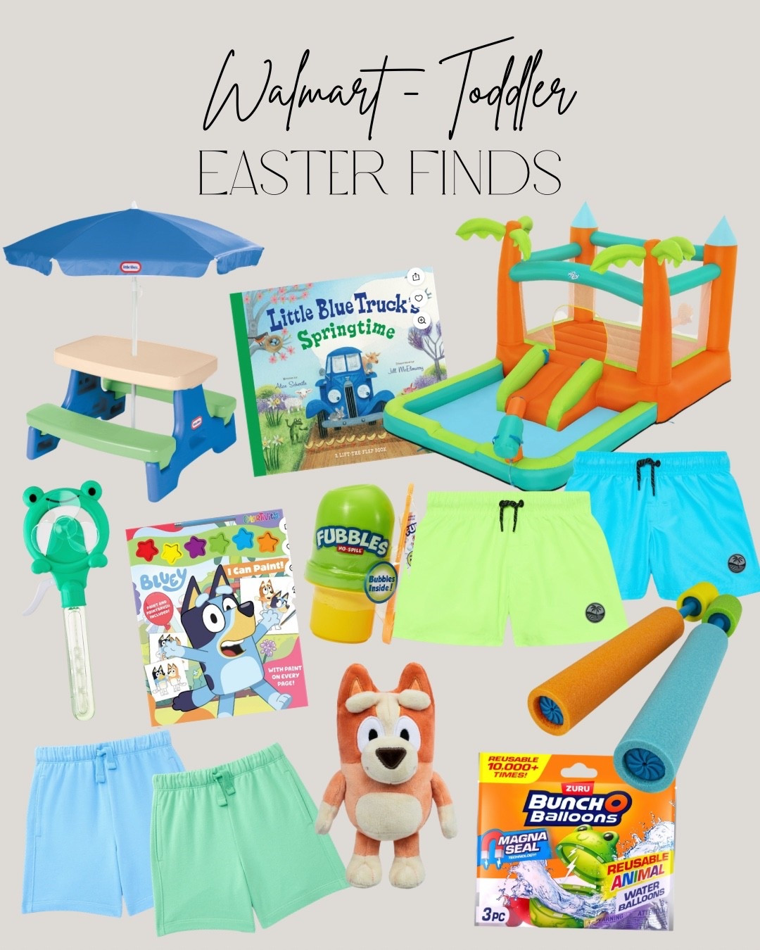 Walmart toddler Easter basket ideas that are actually useful and not just candy 🐣🌸

Outdoor play, spring outfits, books, and warm-weather fun all in one basket. Perfect for boys and girls and everything is affordable and easy to grab. My favorite kind of Easter basket because they’ll actually use it all season.

Includes:
• Picnic table with umbrella
• Bounce house splash park
• Bluey paint book + spring book
• No spill bubbles
• Swim trunks
• Reusable water balloons + foam blasters
• Bluey plush

#LTKKids #LTKSwim #LTKSeasonal