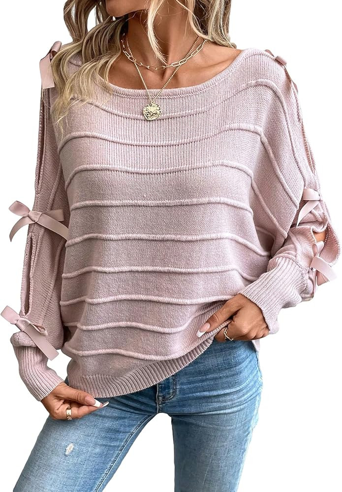 GORGLITTER Women's Cut Out Knot Boat Neck Sweater Long Sleeve Drop Shoulder Jumper Tops | Amazon (US)