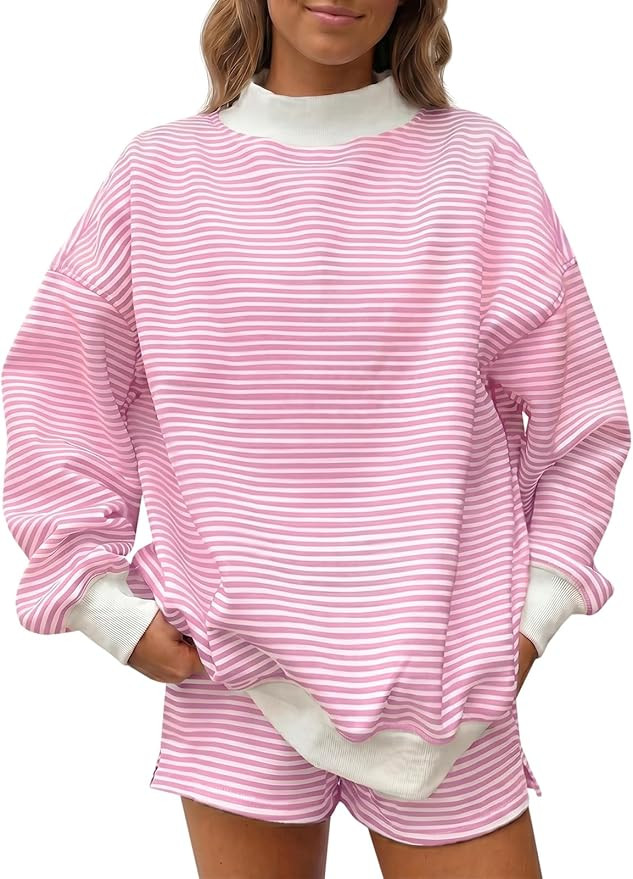 Fisoew Womens Striped 2 Piece Matching Sets Mock Neck Workout Lounge Outfit | Oversized Sweatshir... | Amazon (US)