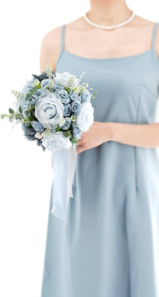 Floinla Dusty Blue Wedding Bouquets for Bride Bridesmaid Artificial Roses Flowers Bridal Bouquet ... | Amazon (US)