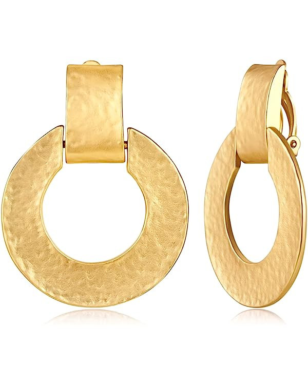 CLASSYZINT Matte Gold Clip On Earrings For Women Handmade Hammered Alloy Statement Earrings Gold ... | Amazon (US)