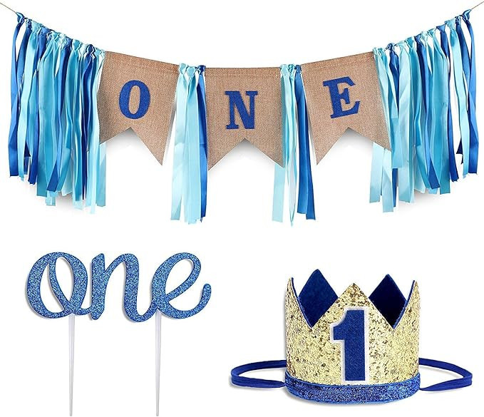 Baby 1st Birthday Boy Decorations with Crown - Baby Boy First Birthday Decorations High Chair Ban... | Amazon (US)