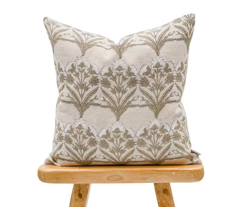 Designer Tan Beige Floral Design on Natural Linen Pillow Cover, Tan and White Pillow cover, Boho ... | Etsy (US)
